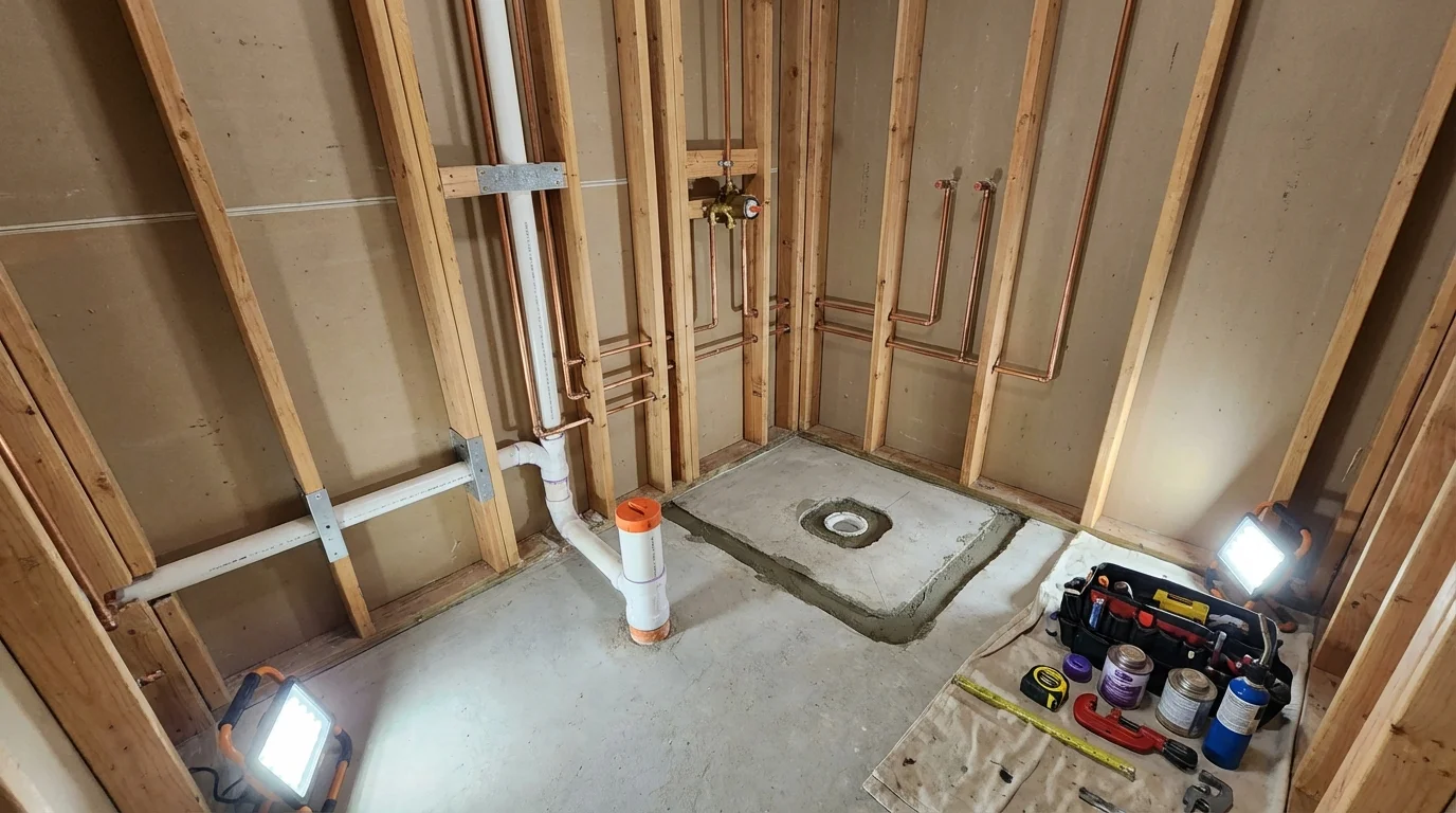 Bathroom rough-in plumbing during remodel by Johns Plumbing LLC in Barbourville
