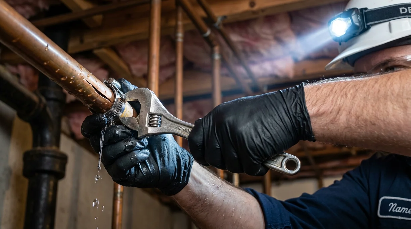 Emergency pipe clamp repair being performed by a Johns Plumbing LLC plumber in Barbourville