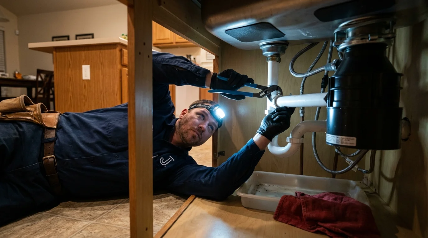 P-trap and supply line connections under a kitchen sink showing a common leak point in Barbourville, KY